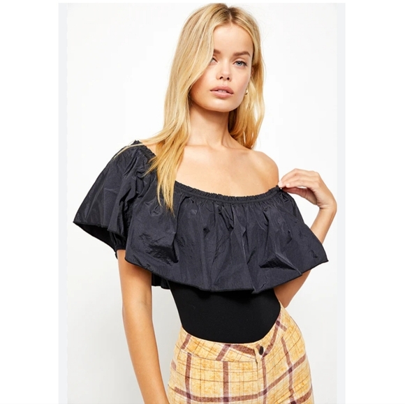 Free People Tops - Free People Poof Goes My Heart Ruffle Black Bodysuit Size L